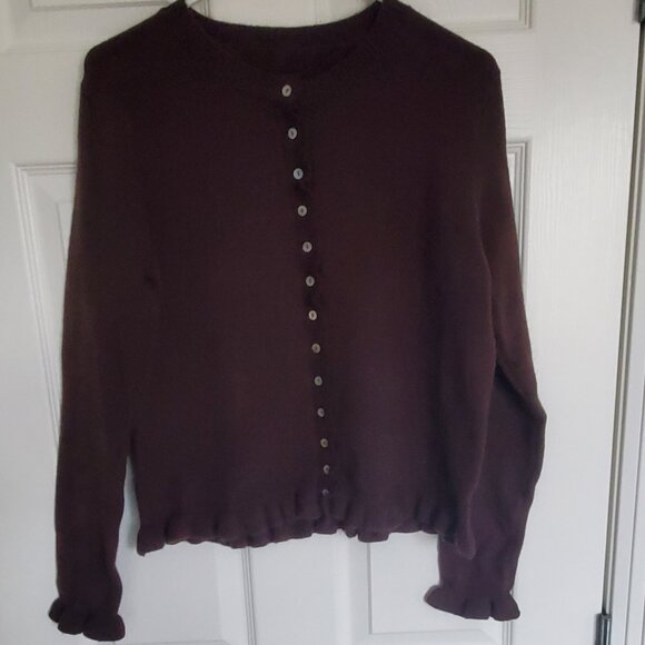 NEW Ruffle Cardigan Brown Button Up Crew Neck Long Sleeve - Picture 1 of 9